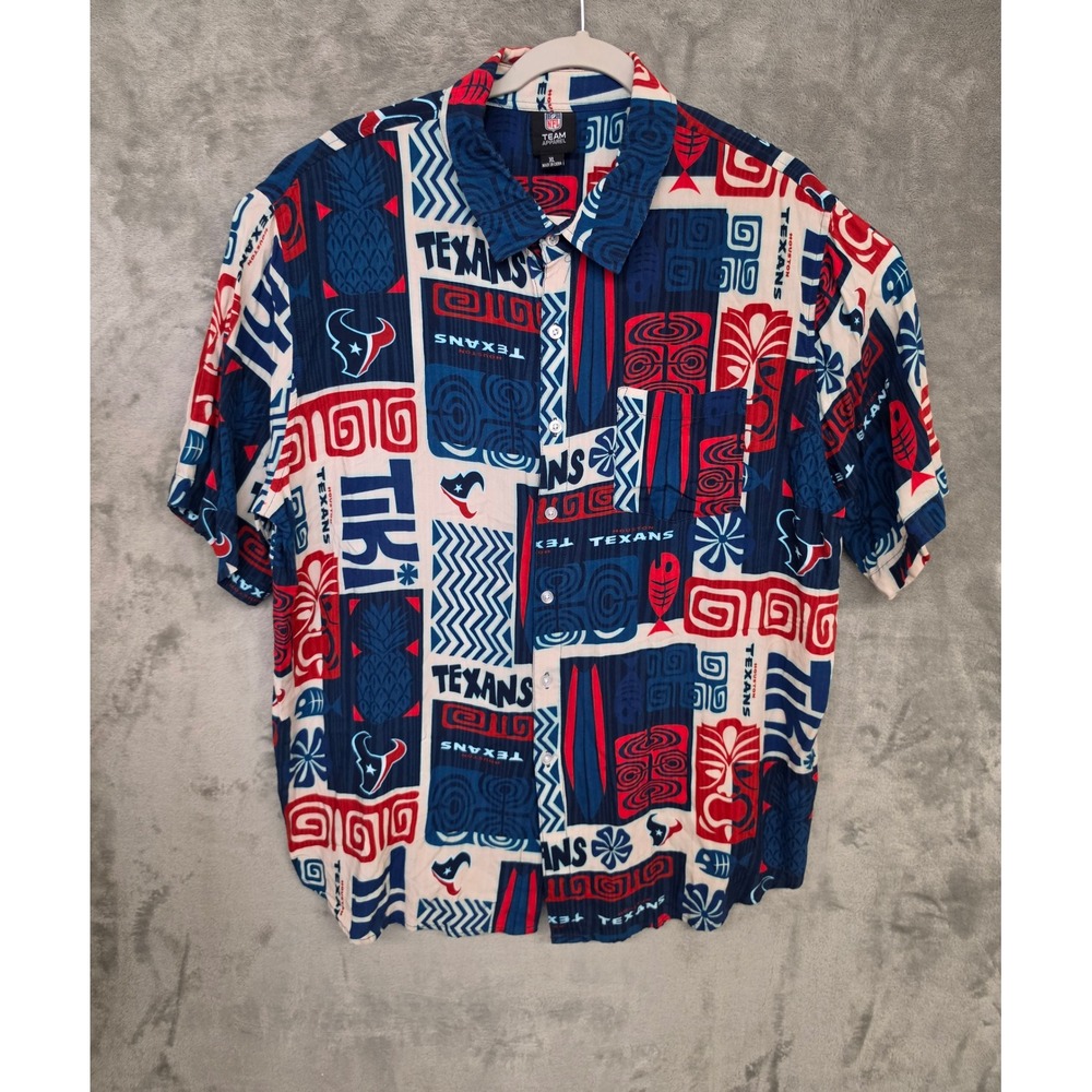 NFL Team Apparel Houston Texans Mens XL Tiki Aloha Button Down Shirt Blue Red